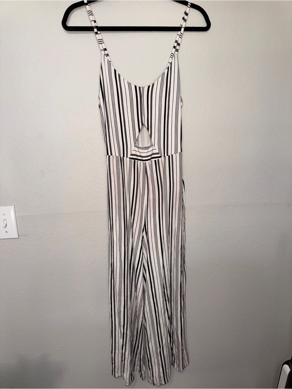 Pull&Bear Black and White Striped Spaghetti‑Strap Jumpsuit with Keyhole